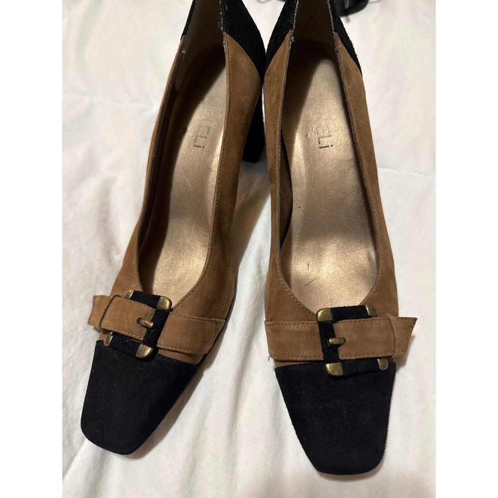 Vaneli Vero Cuoio Suede Block Heel Pumps Shoes Tan Black Buckle Size 6.5  N